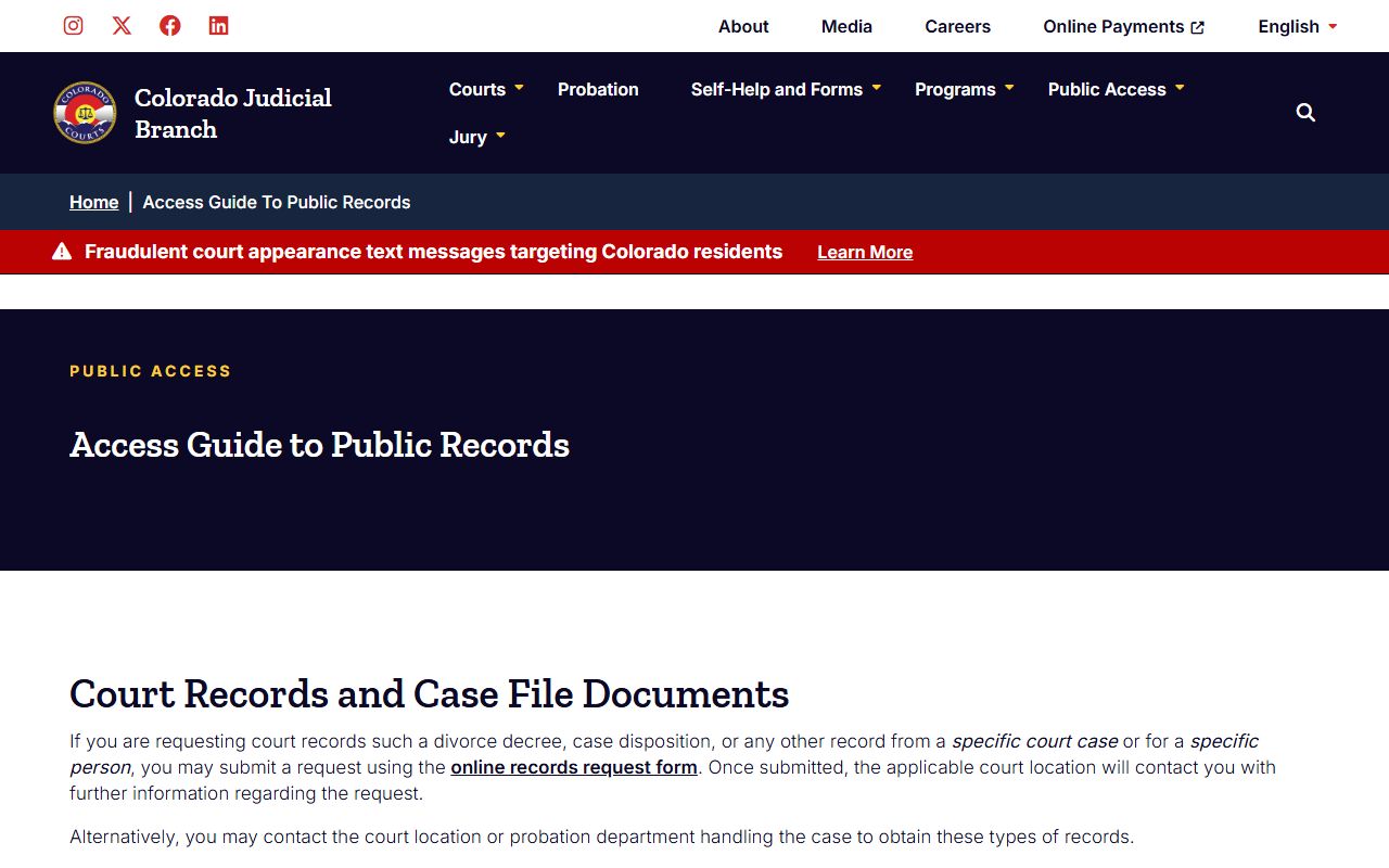 Colorado Judicial Branch public records access guide for court records