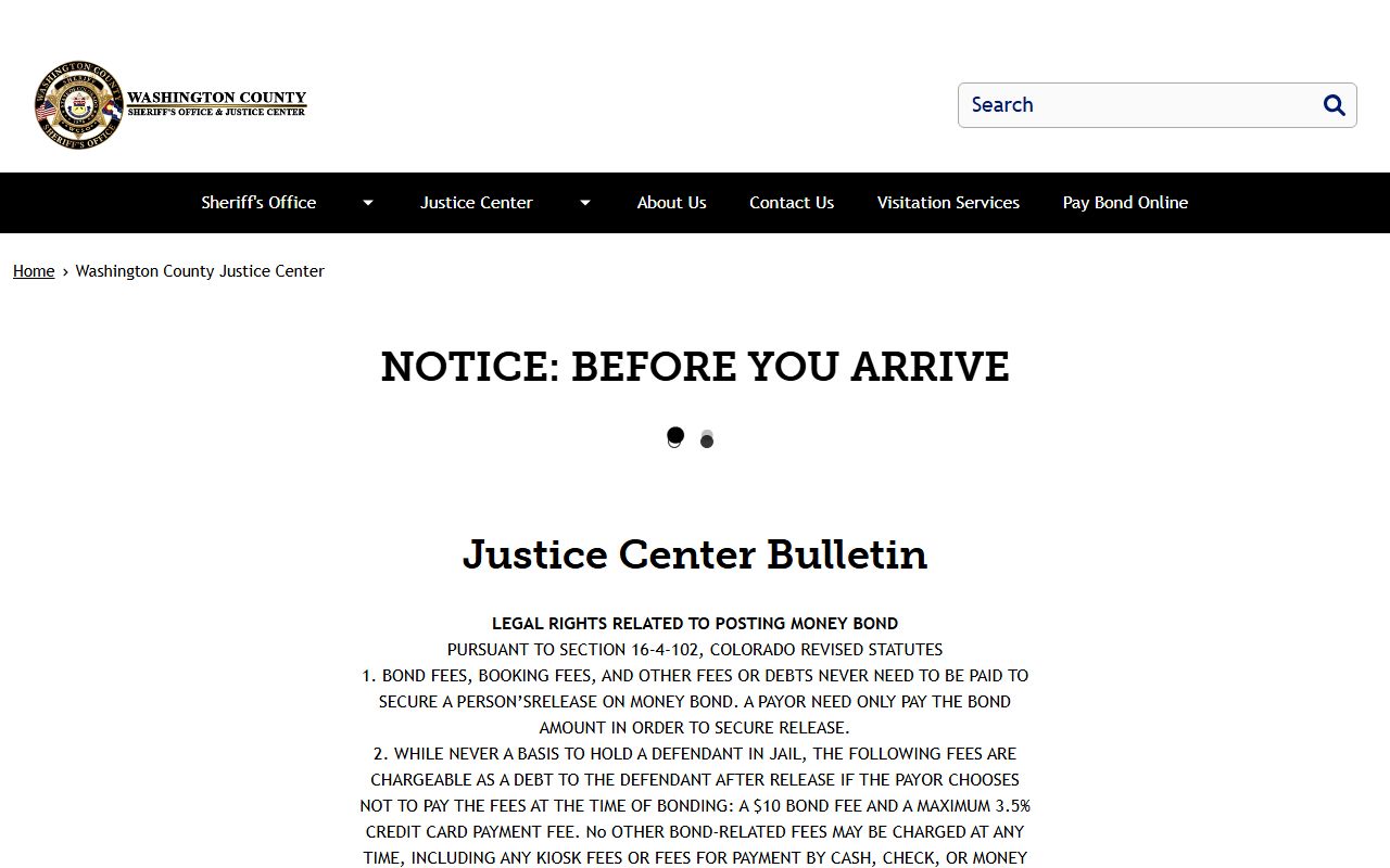 Washington County Justice Center overview page for Yuma County inmate custody search