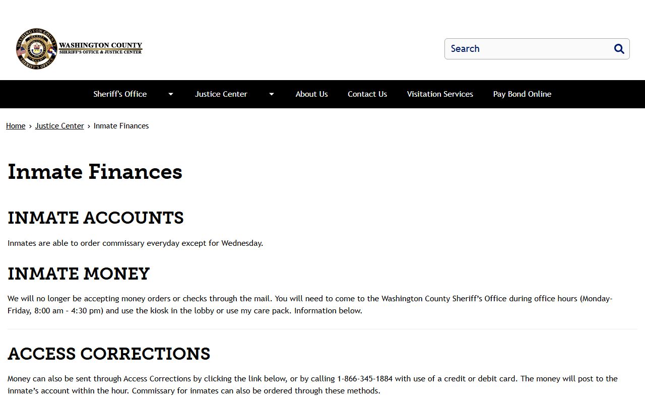 Washington County Justice Center Access Corrections money deposits for Yuma County detainees