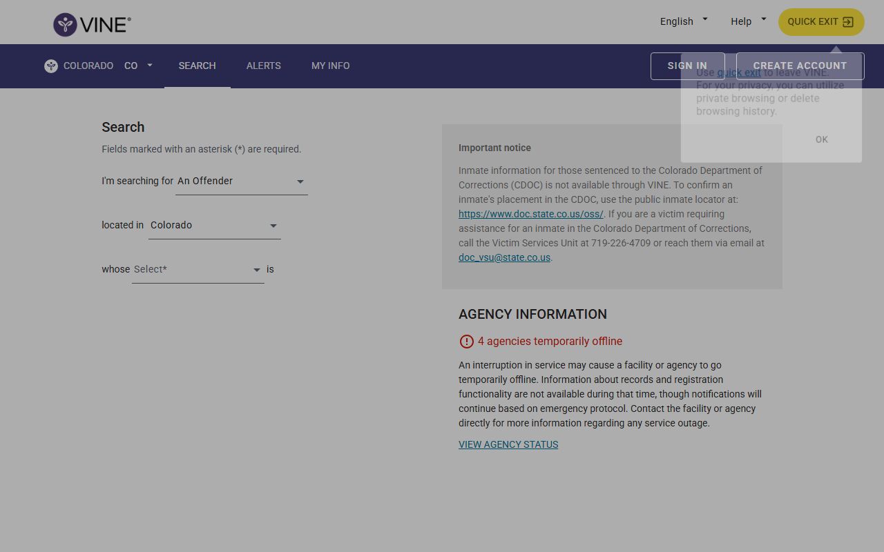 VINELink Colorado person search interface for custody notifications